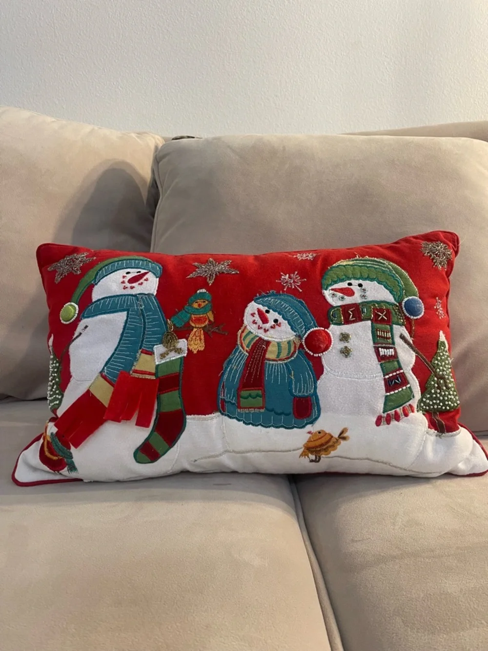 Pier 1 Snowman Christmas Lumbar Pillow Embroidered Beaded Holiday Decor